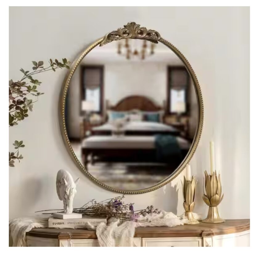 30 in. W x 32 in. H Baroque Style Round Antique Gold Metal Framed Wall Mirror