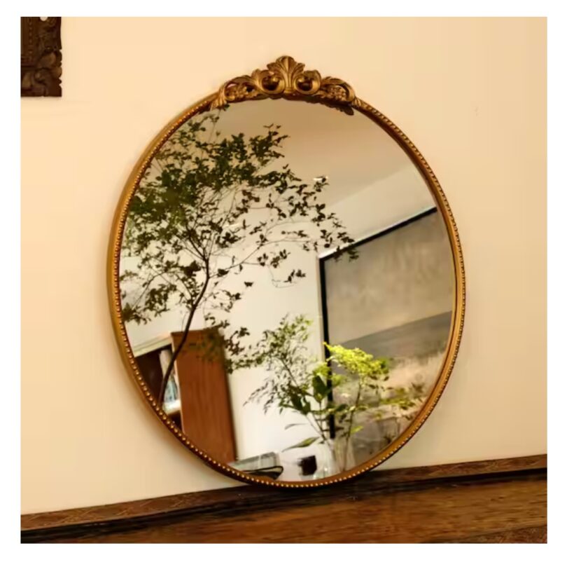 30 in. W x 32 in. H Baroque Style Round Antique Gold Metal Framed Wall Mirror